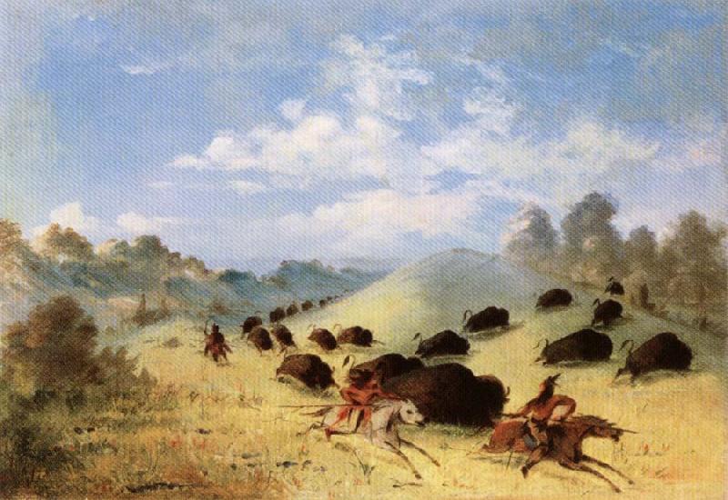 George Catlin Comanche Indians Chasing Buffalo with Lances and Bows